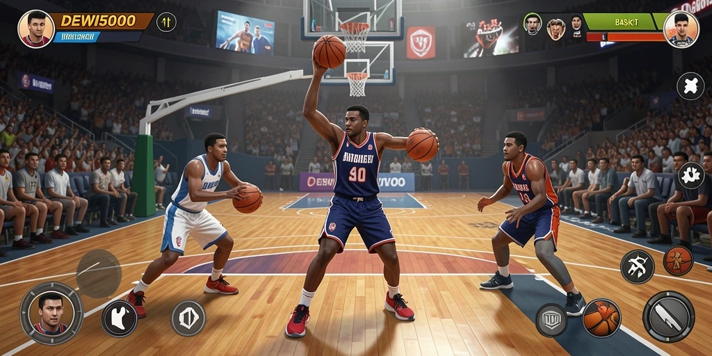 Tampilan antarmuka game DEWI5000 yang menampilkan aksi basket yang mendebarkan.